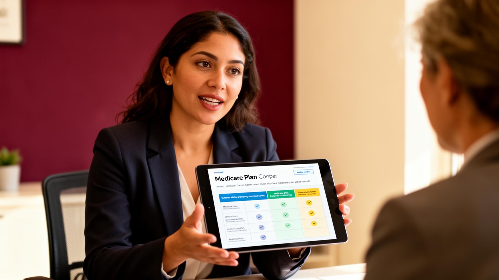 Hispanic insurance advisor in a suit reviewing a Medicare plan with a senior couple