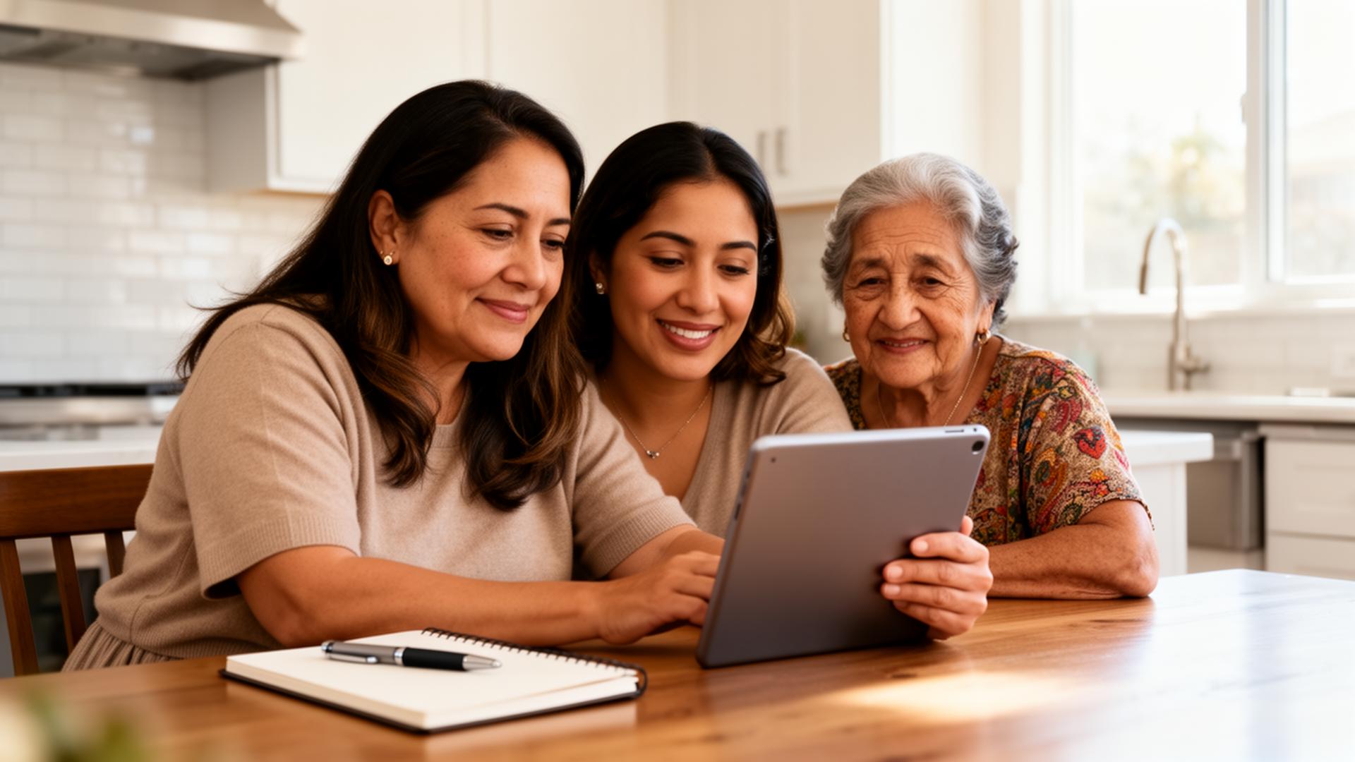 Bilingual insurance advisor welcoming a Hispanic senior couple into a consultation
